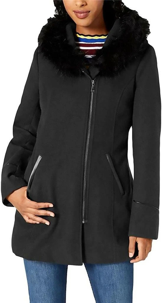 Maralyn &amp; Me Juniors' Faux-Fur-Trim Asymmetrical Hooded Walker Coat CHARCOAL XS