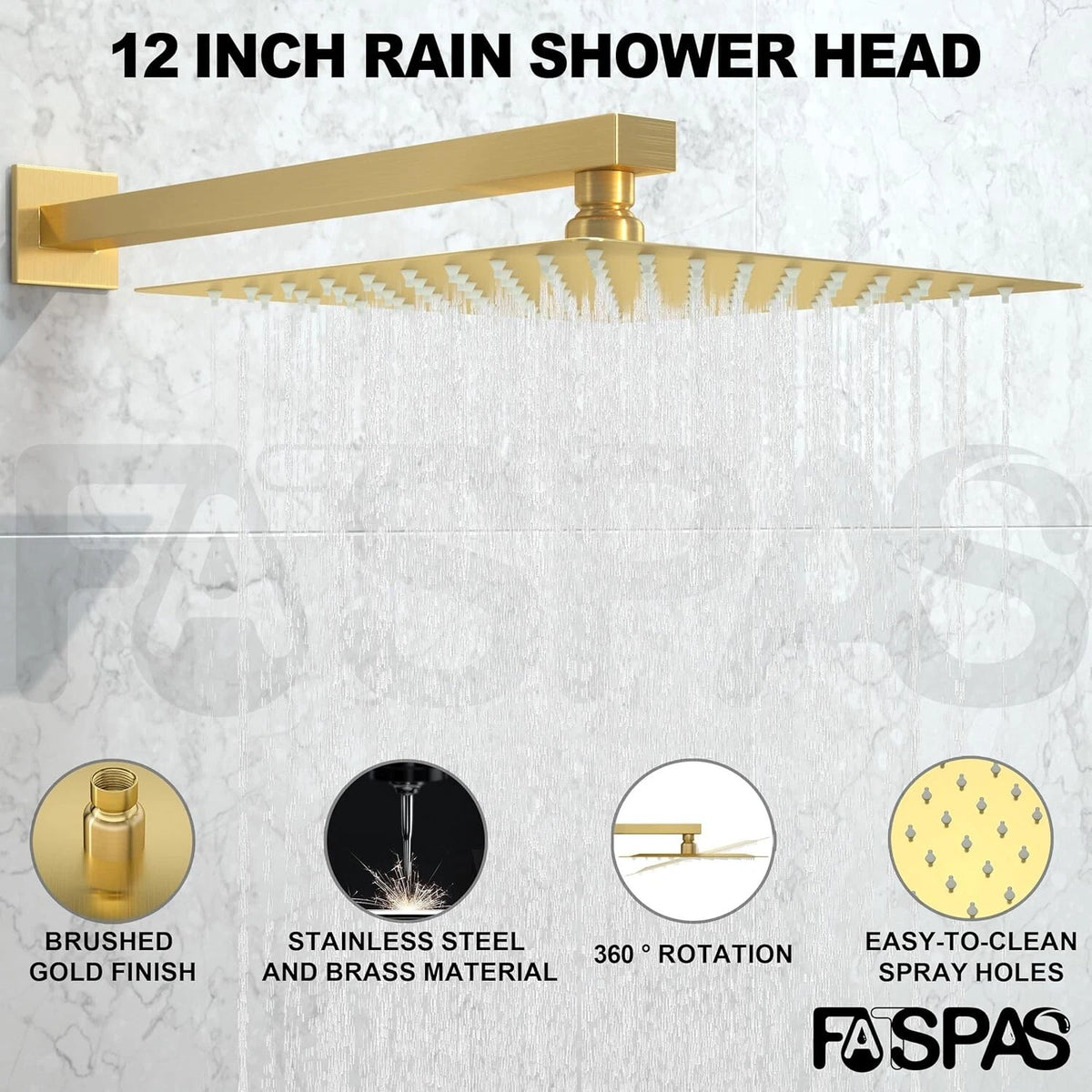Fatspas 12 Inch Shower Faucet Set, Rainfall Shower System with Tub Spout