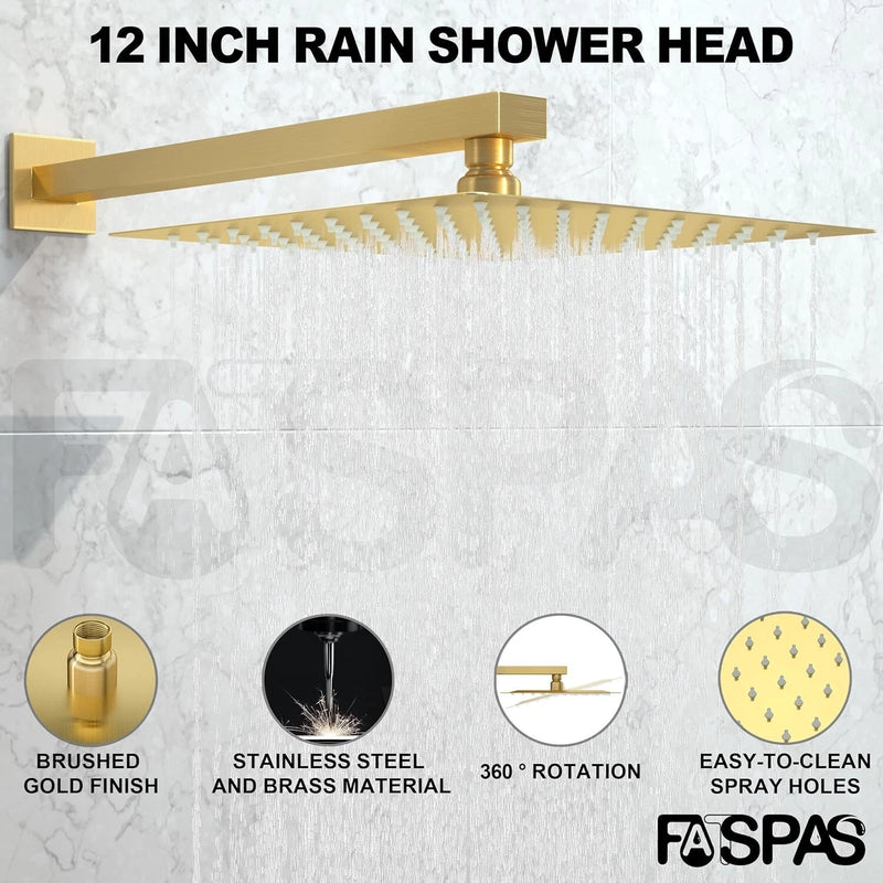 Fatspas 12 Inch Shower Faucet Set, Rainfall Shower System with Tub Spout