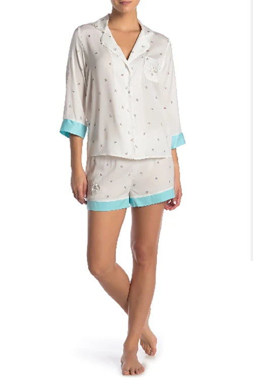 BETSEY JOHNSON Bride Notch Collar Stain Pajama Top, White-Blue, M
