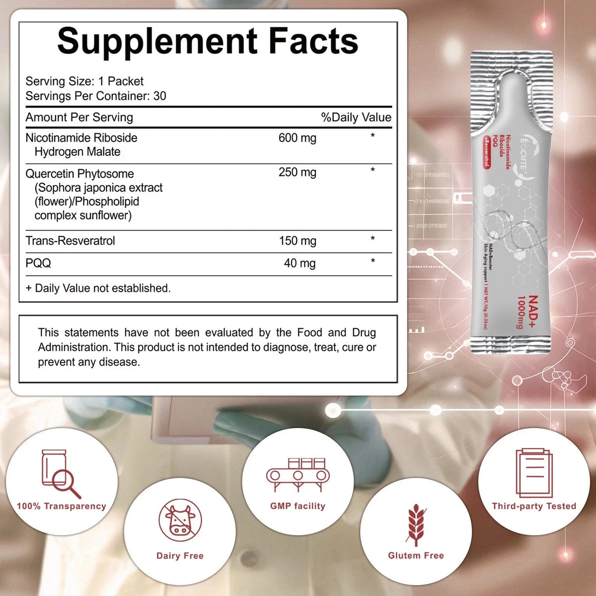 NAD+ 1000mg Liquid Supplement-Nic<wbr/>otinamide Riboside, PQQ &amp;Resveratrol-A<wbr/>nti-Aging