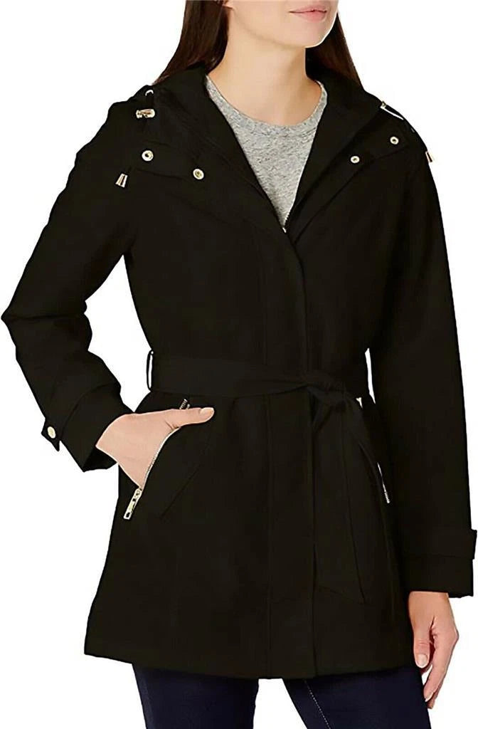 Authentc Nautica Women's Hooded Raincoat with Belt Jacket, Black, Large