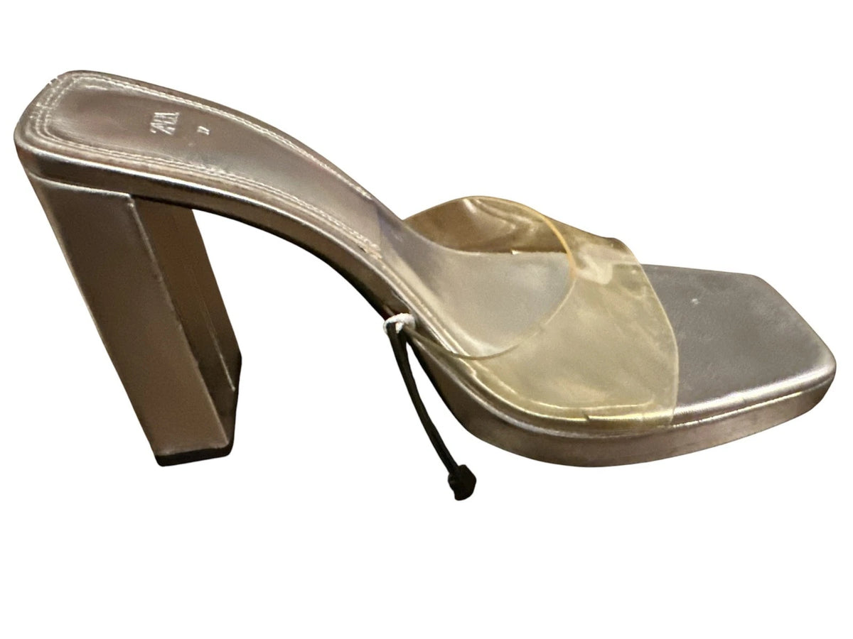 Zara Women Square Toe Heels, Silver, 39