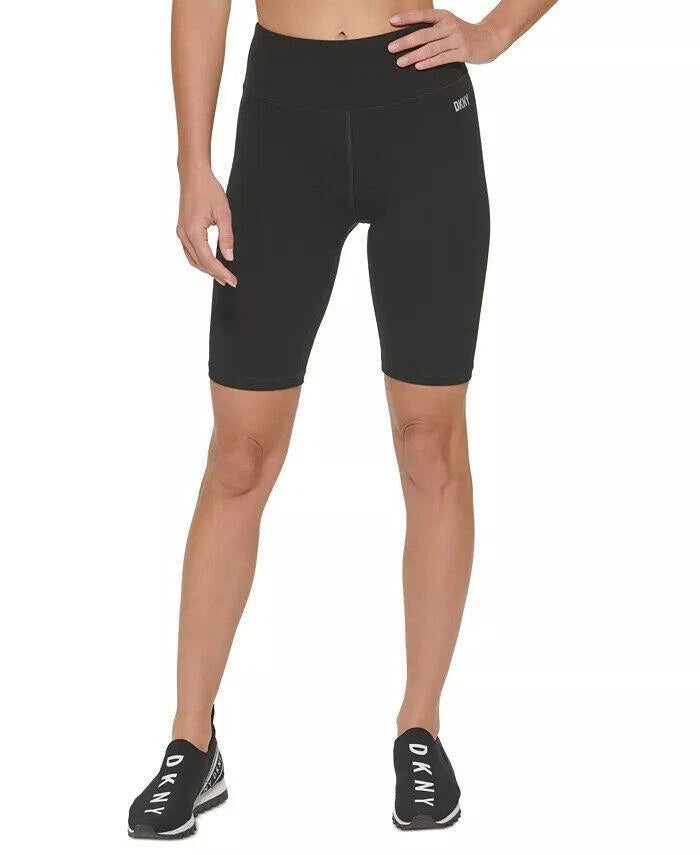 DKNY Sport Ladies High-Waist Logo-Print Skinny Fit Bicycle Shorts, BLACK, XS