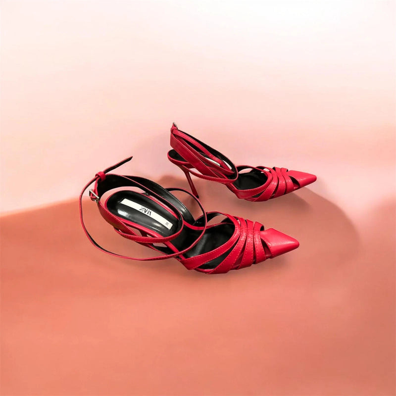 Zara Women Strappy Lace Up Pointed Toe High Heels, RED, 38