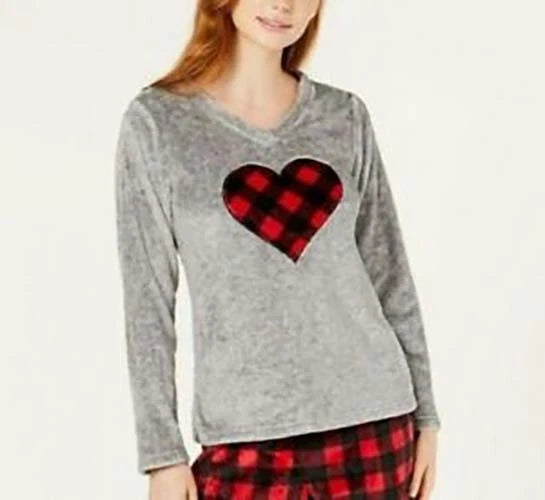 Charter Club Womens 1-Piece Plush Fleece Pajama Top, Buffalo Check Red/Gray, XL