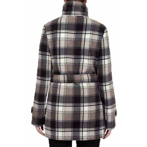 Ike Behar Womens Double Breasted Fleece Belted Jacket, Taupe Plaid, S