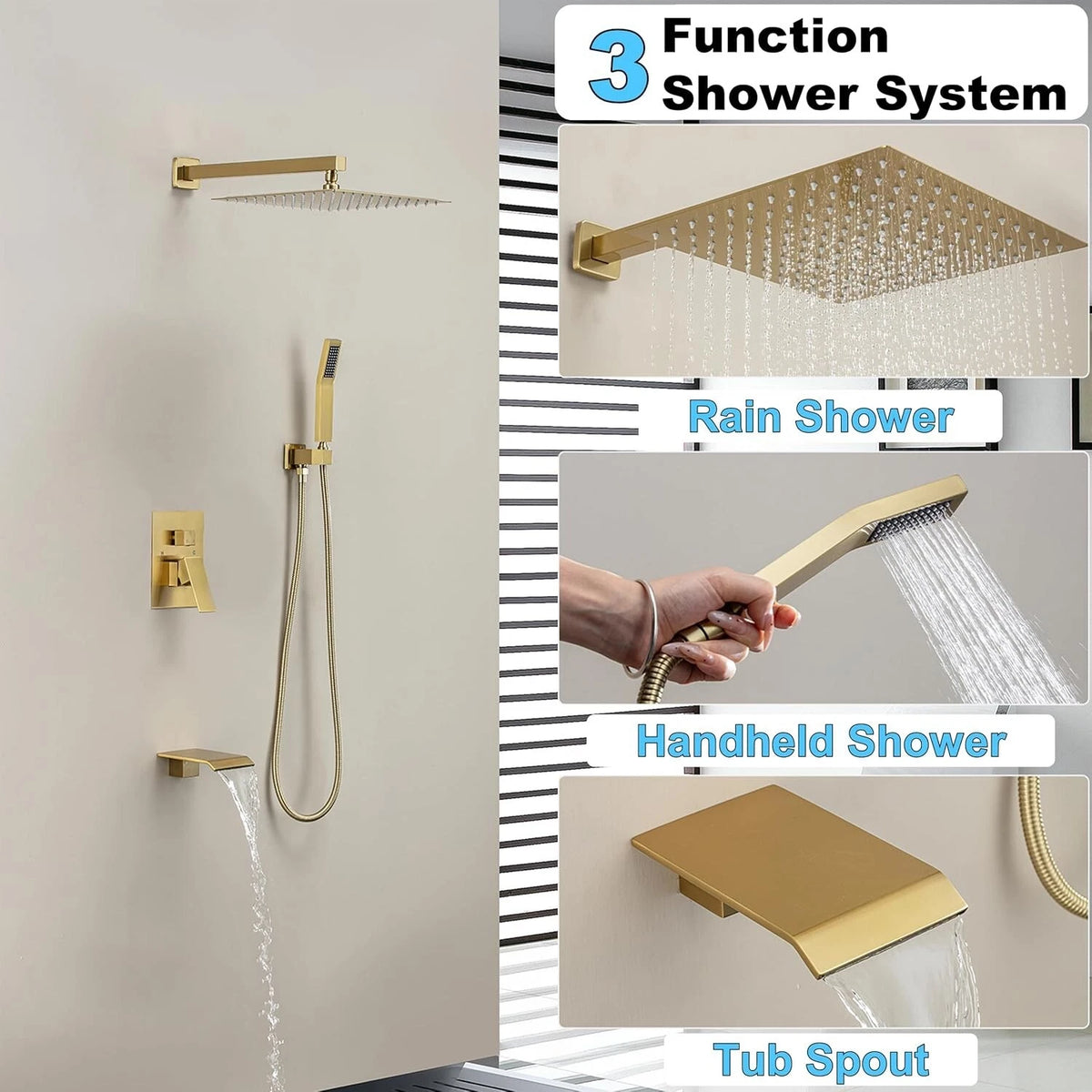 Fatspas 12 Inch Shower Faucet Set, Rainfall Shower System with Tub Spout