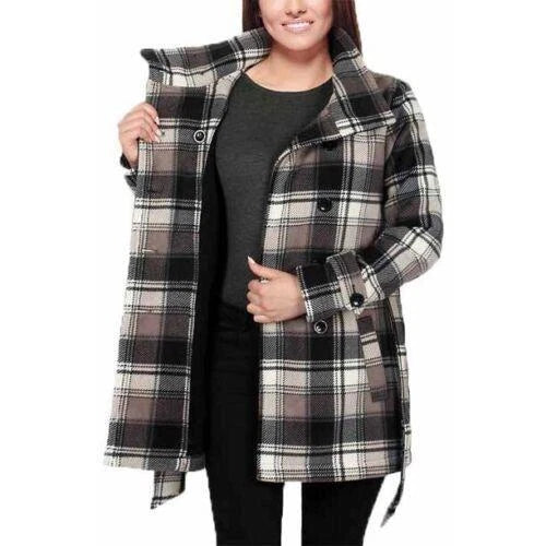 Ike Behar Womens Double Breasted Fleece Belted Jacket, Taupe Plaid, S