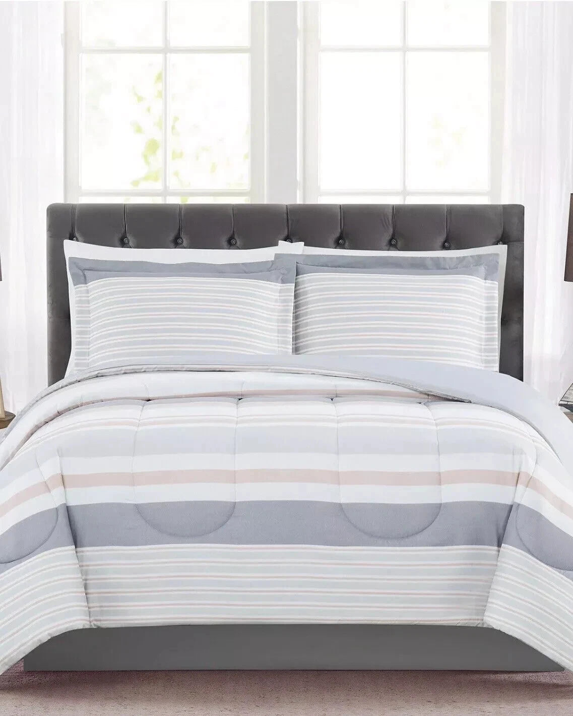 Pem America Grace Gray Stripe Reversible 3-Piece Comforter Sham Set , Full/Queen