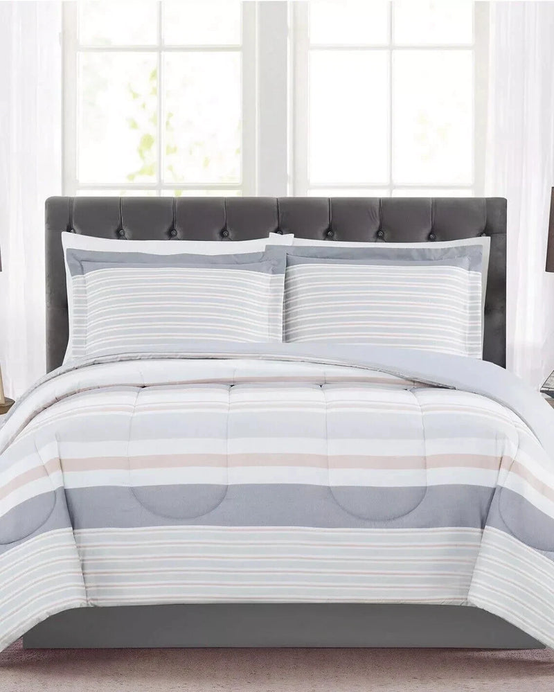 Pem America Grace Gray Stripe Reversible 3-Piece Comforter Sham Set , Full/Queen