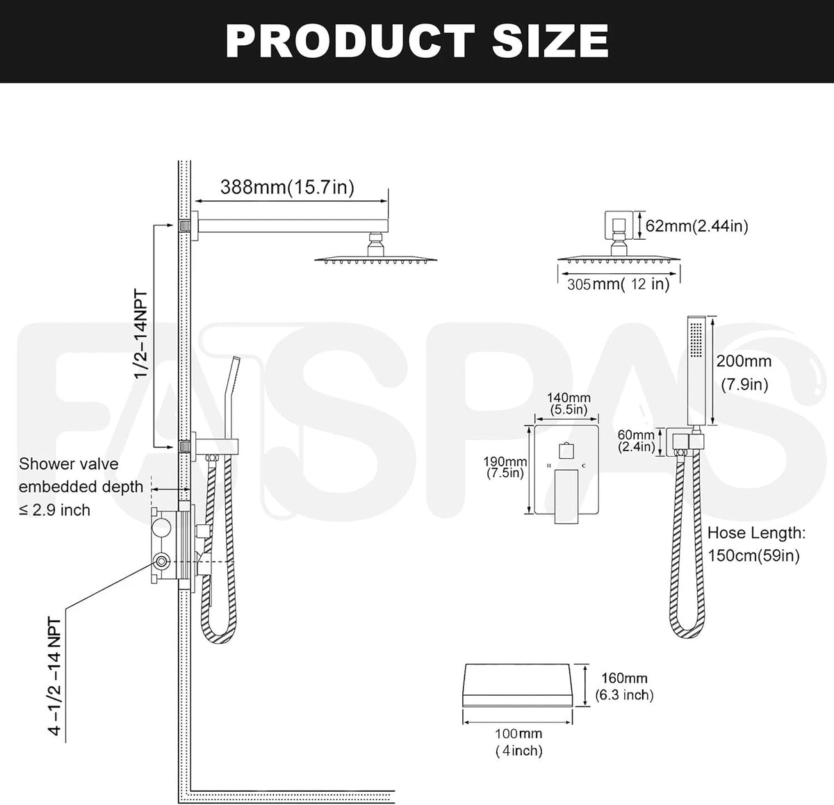 Fatspas 12 Inch Shower Faucet Set, Rainfall Shower System with Tub Spout