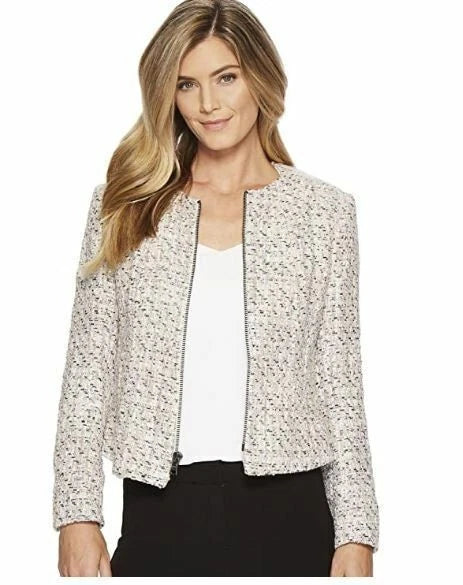 Anne Klein Women's Zip Front Tweed Jacket, Palladium Combo, 10
