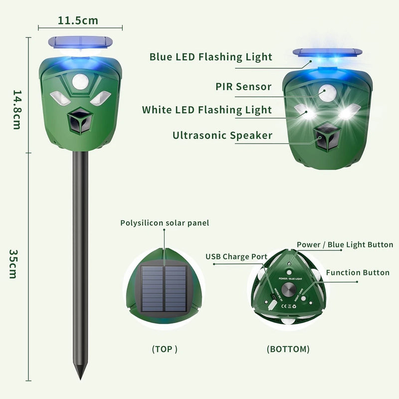 AR16 Pro Solar Ultrasonic Animal Repeller Outdoor 360° All Round Deer Deterrent