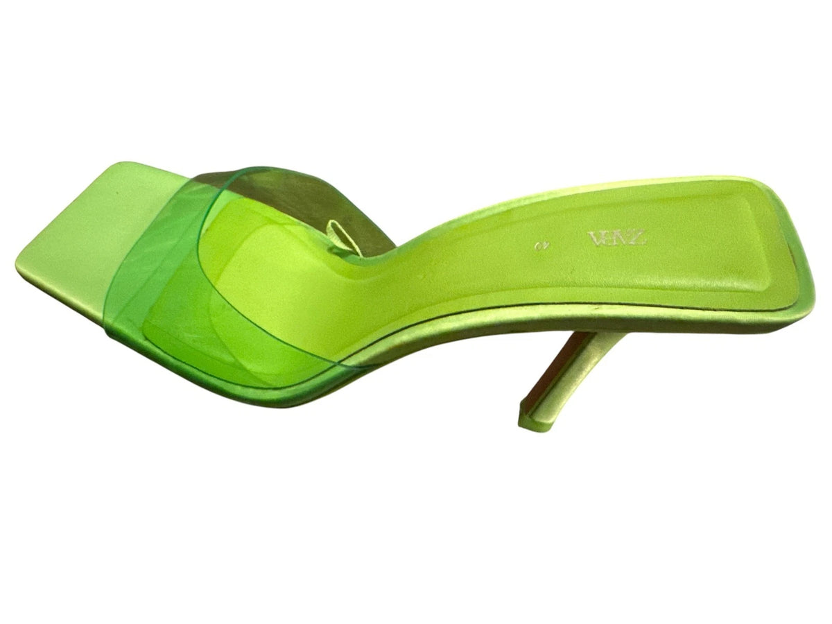 ZARA Women PVC Vinyl Satin Slides Mules Sandals, Lime Green, 40-9