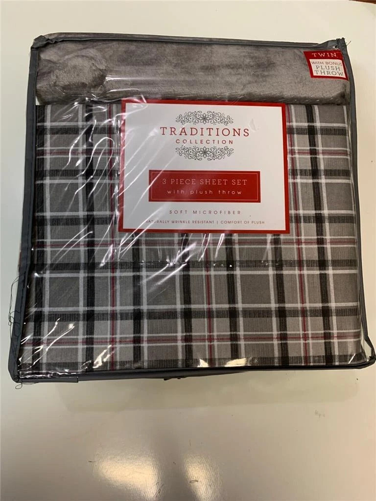 Tradition Collection Three Piece Sheet Set With Plush Throw, Queen, Charcoal