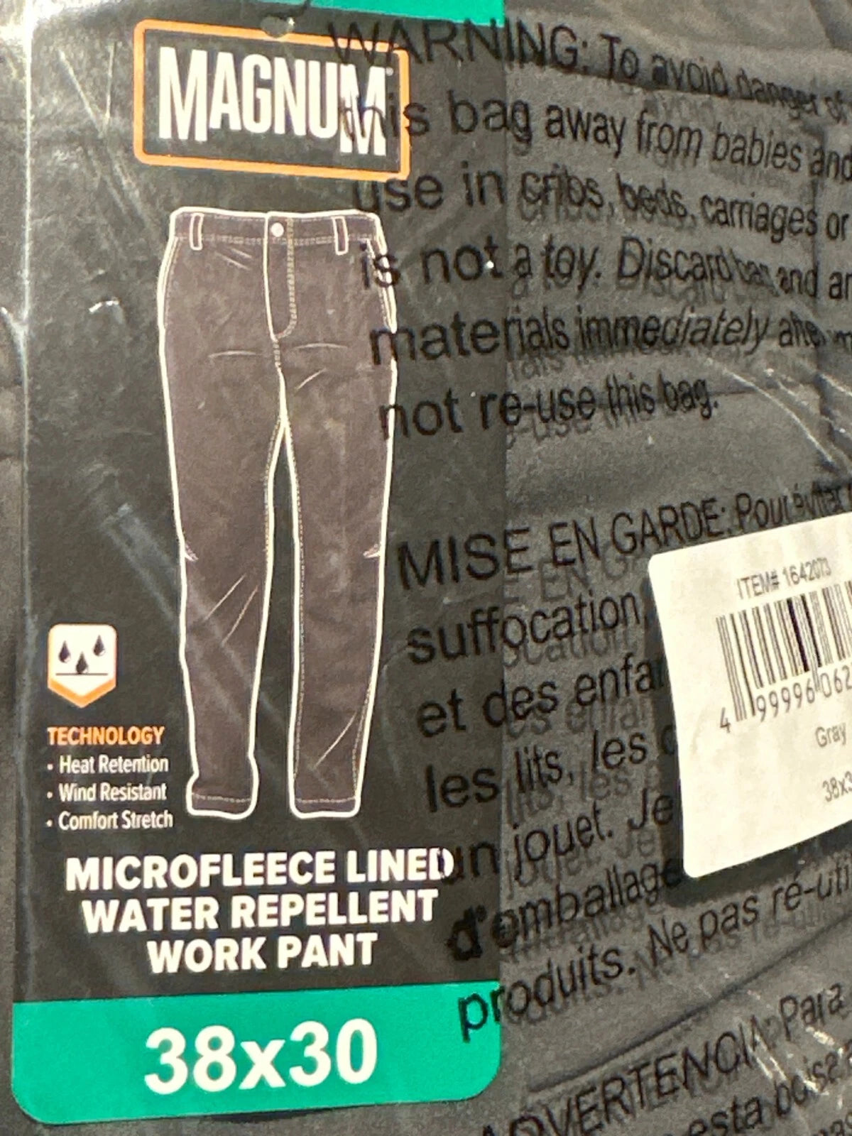 Magnum Men's Microfleece Lined Water Repellent Work Pants, GREY, 38 X 30