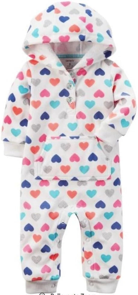 Carter's Henley Hooded Coverall, White Heart Printed, 18m