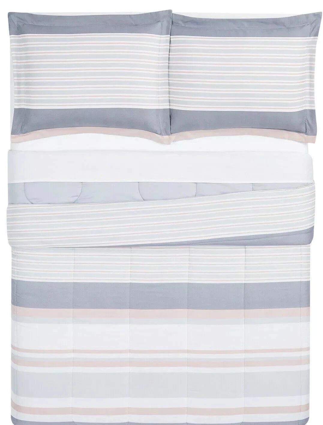 Pem America Grace Gray Stripe Reversible 3-Piece Comforter Sham Set , Full/Queen