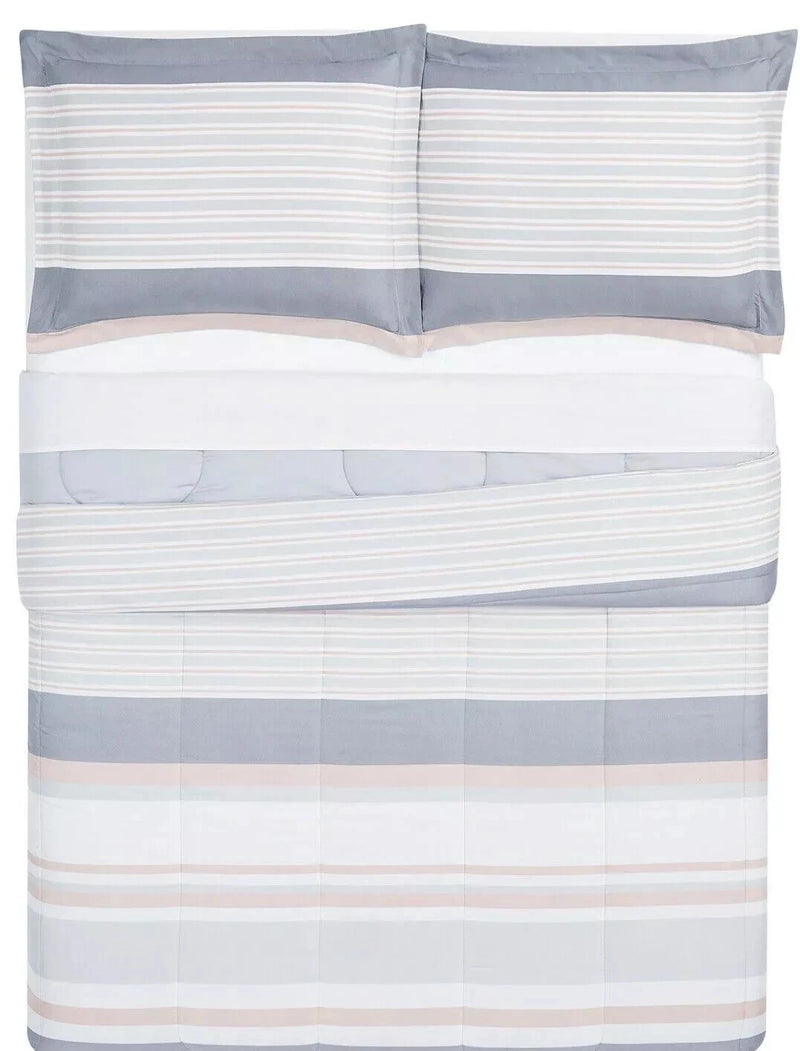 Pem America Grace Gray Stripe Reversible 3-Piece Comforter Sham Set , Full/Queen