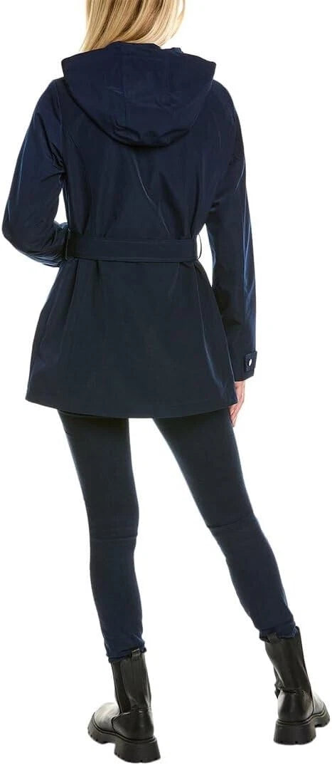 Authentic Nautica Women's Hooded Raincoat with Belt Jacket, Navy Seas, X-Small