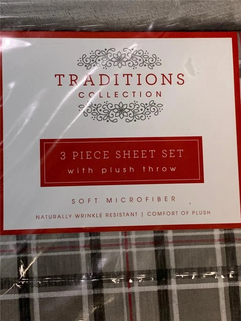 Tradition Collection Three Piece Sheet Set With Plush Throw, Queen, Charcoal