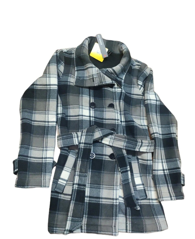Ike Behar Womens Double Breasted Fleece Belted Jacket, Taupe Plaid, S