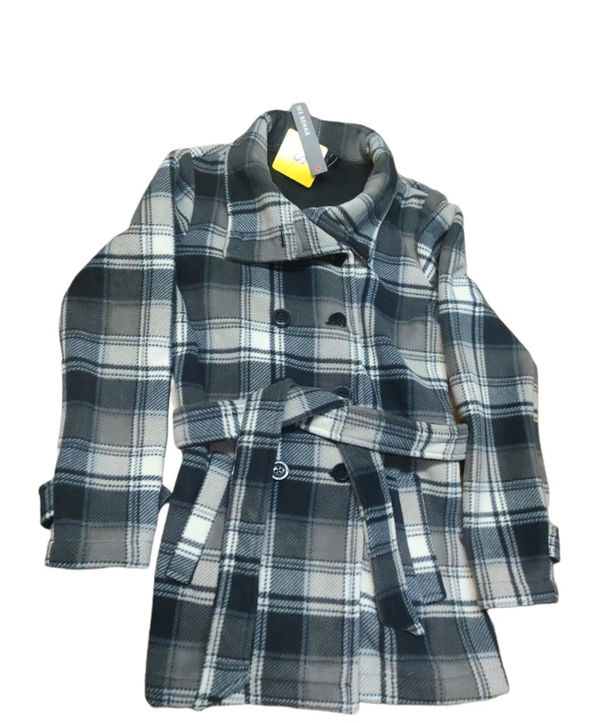 Ike Behar Womens Double Breasted Fleece Belted Jacket, Taupe Plaid, S