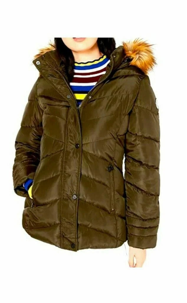 Authentic Madden Girls Hooded Faux-Fur-Trim Puffer Coat, OLIVE, XL