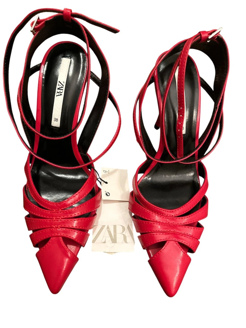 Zara Women Strappy Lace Up Pointed Toe High Heels, RED, 38