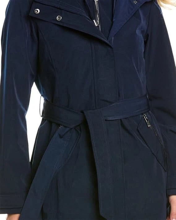 Authentic Nautica Women Hooded Raincoat with Belt Jacket, Navy Seas, X-Small