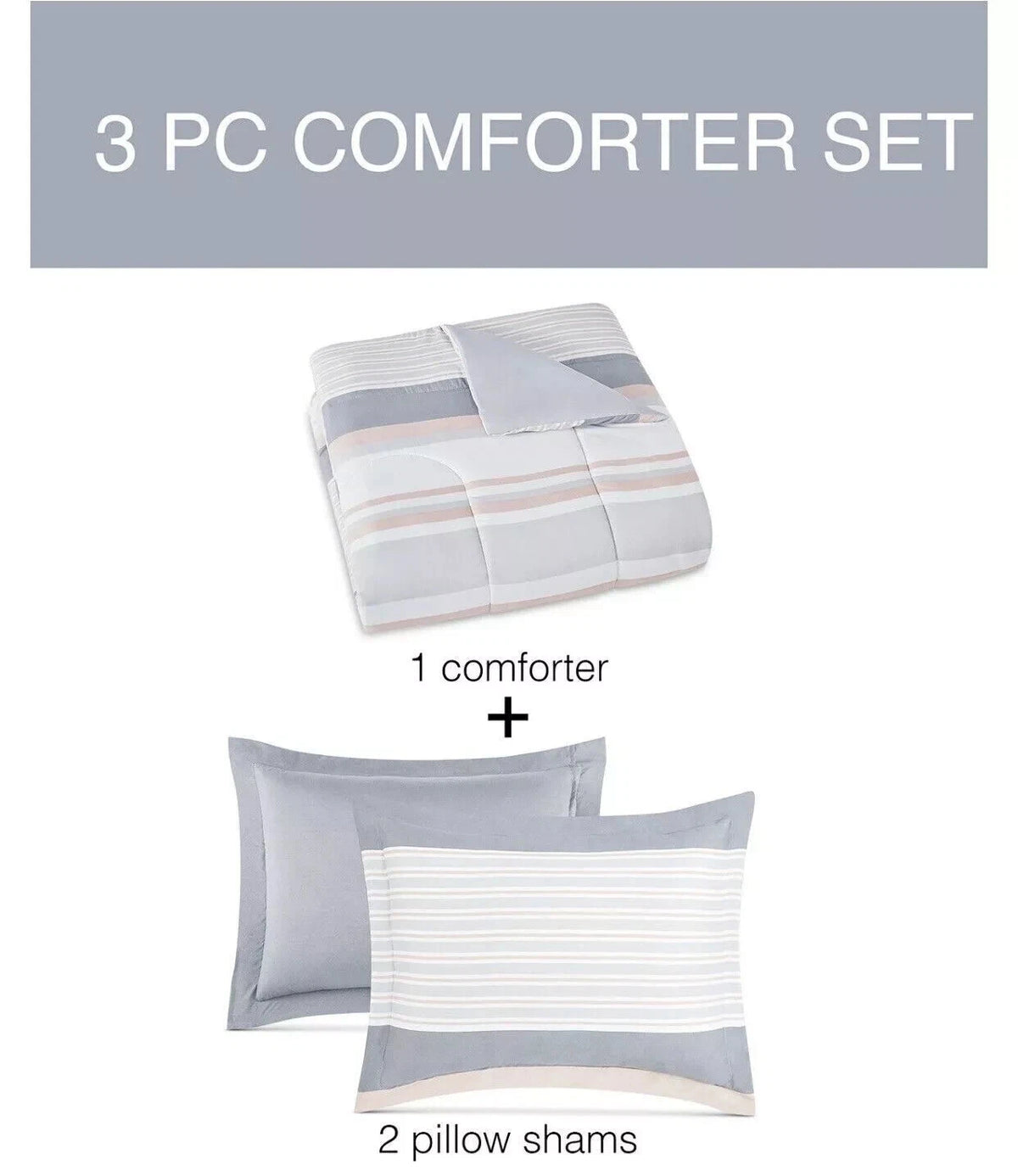 Pem America Grace Gray Stripe Reversible 3-Piece Comforter Sham Set , Full/Queen