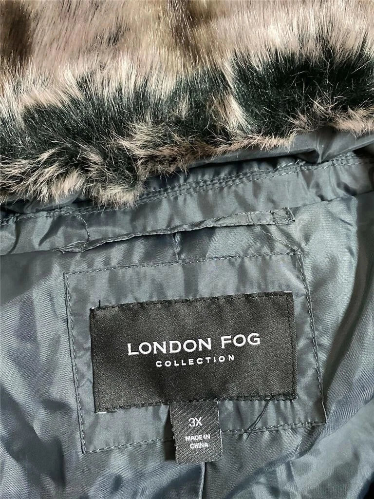 London Fog Women's Diamond Quilted Down Coat with Faux Fur Trim Hood, SLATE, 3X