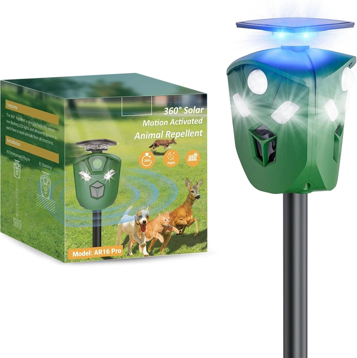 AR16 Pro Solar Ultrasonic Animal Repeller Outdoor 360° All Round Deer Deterrent