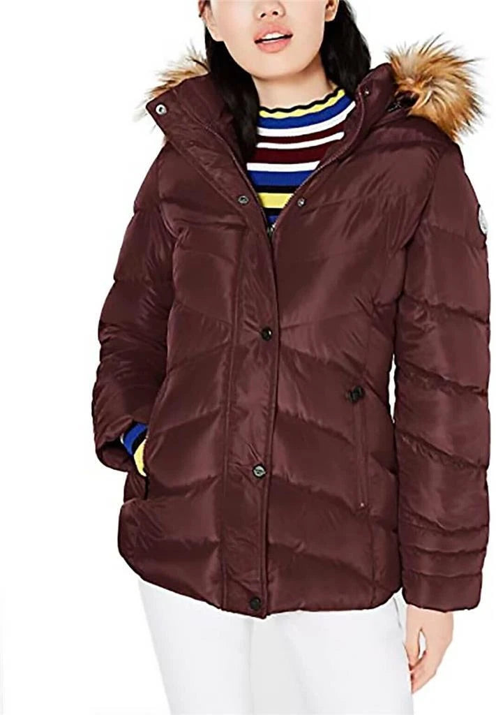Authentic Madden Girl Juniors Hooded Faux-Fur-Trim Puffer Coat, MERLOT, Sz Large