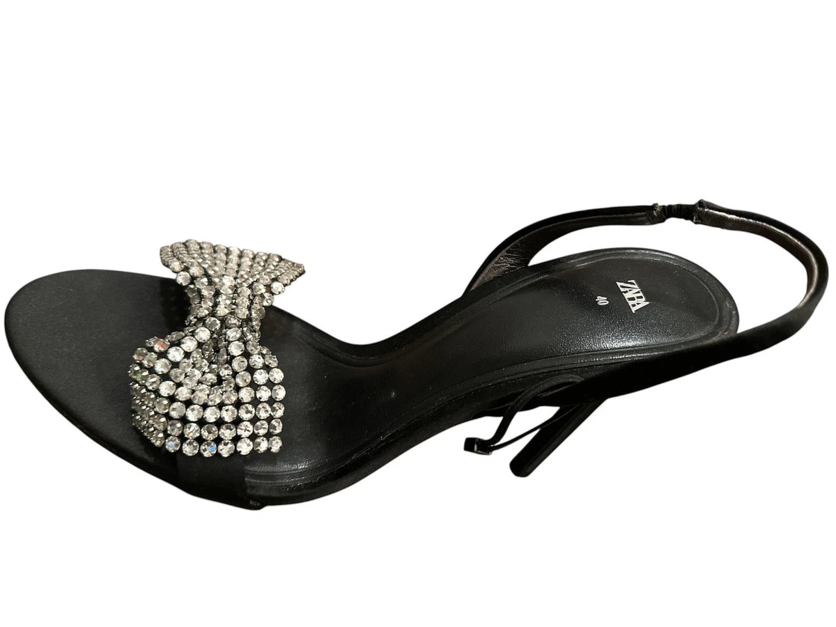 Zara Women Embellished Bow High Heel Sandals, Black Silver, 40