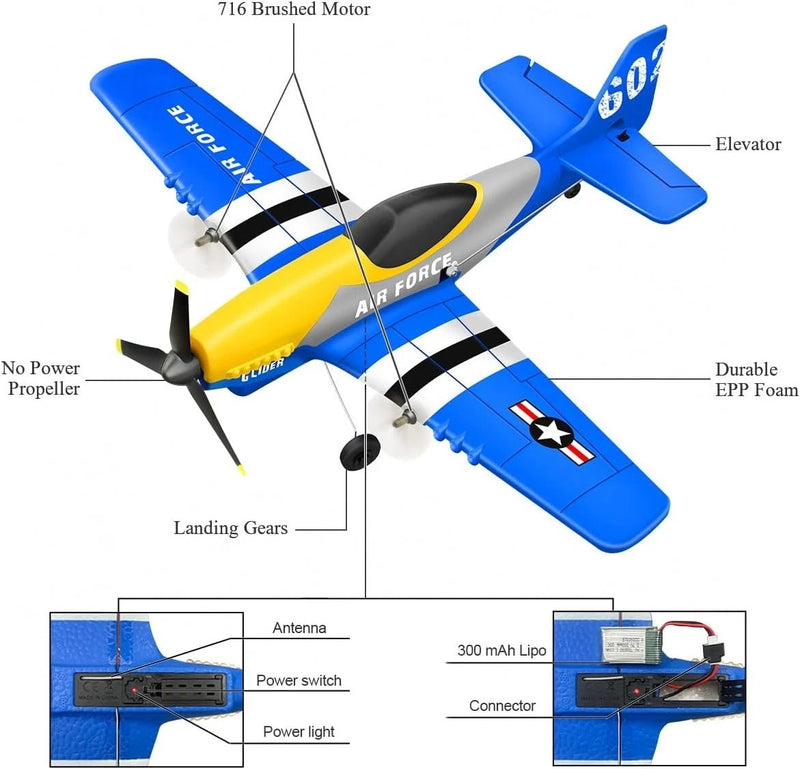 3 Channel RC Plane P-51D Mustang, Remote Control Airplane Ready to Fly, 2.4Ghz 6
