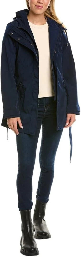 Authentic Nautica Women's Hooded Raincoat with Belt Jacket, Navy Seas, X-Small