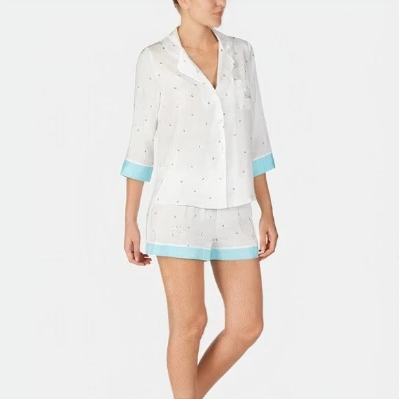 BETSEY JOHNSON Bride Notch Collar Stain Pajama Top, White-Blue, M