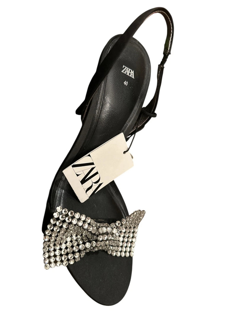 Zara Women Embellished Bow High Heel Sandals, Black Silver, 40