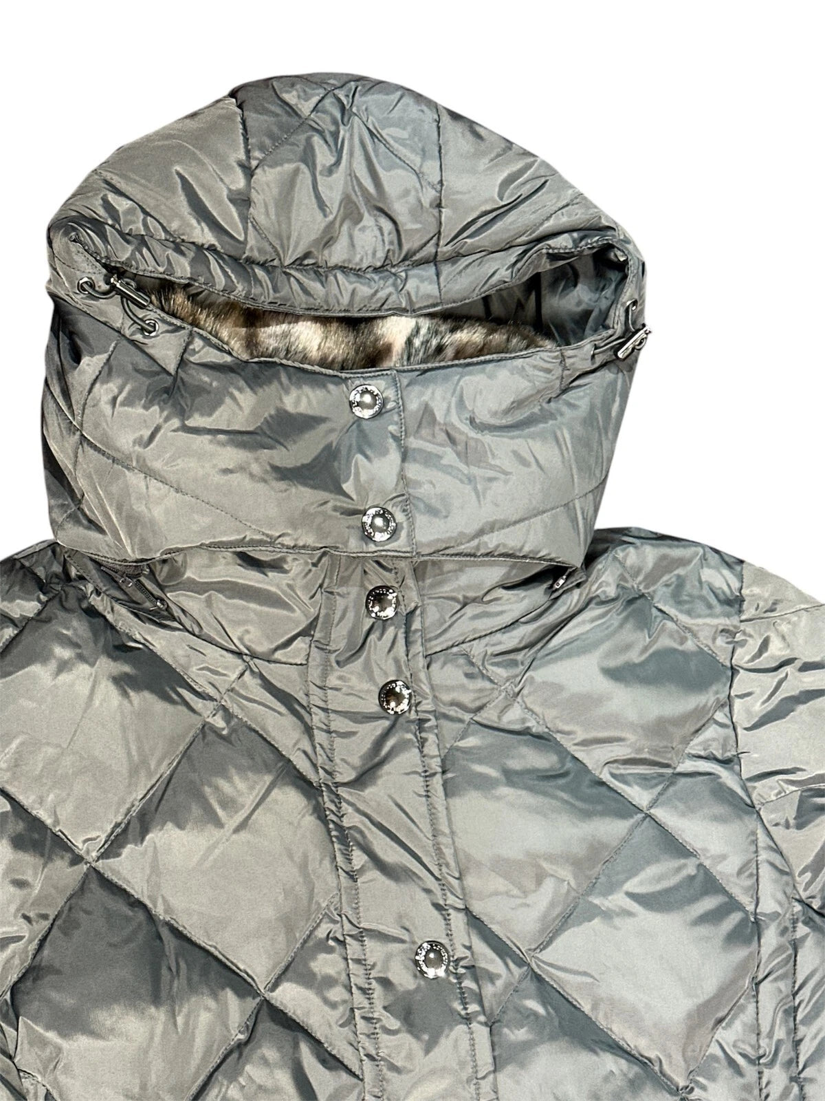London Fog Women's Diamond Quilted Down Coat with Faux Fur Trim Hood, SLATE, 3X
