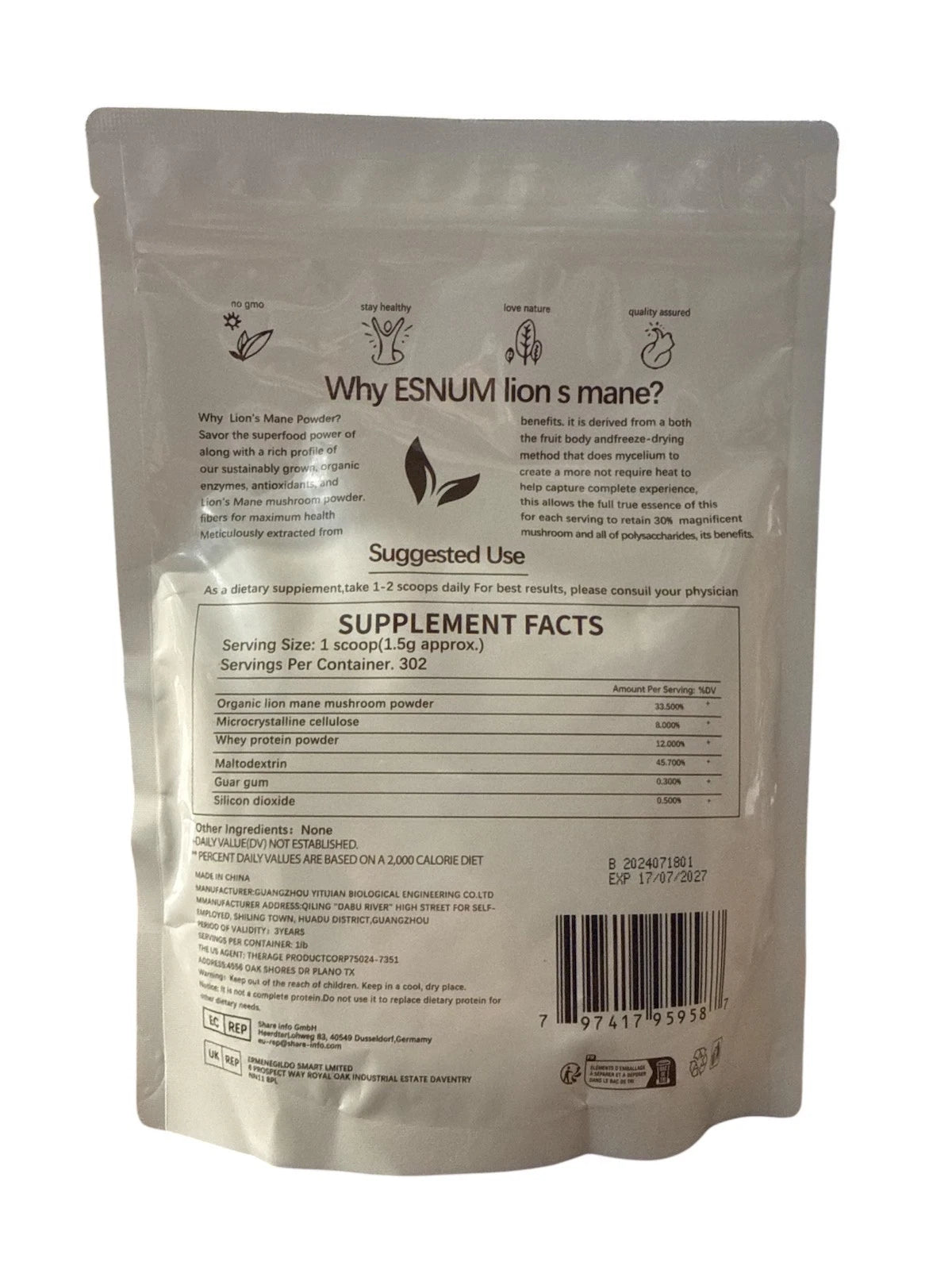 ESUNM Organic Lion’s Mane Mushroom Powder 1lb (454g) – GMO-Free, Filler-Free