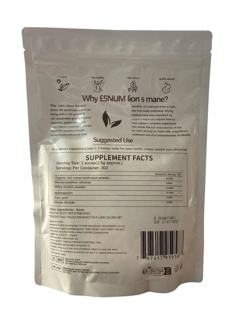 ESUNM Organic Lion’s Mane Mushroom Powder 1lb (454g) – GMO-Free, Filler-Free