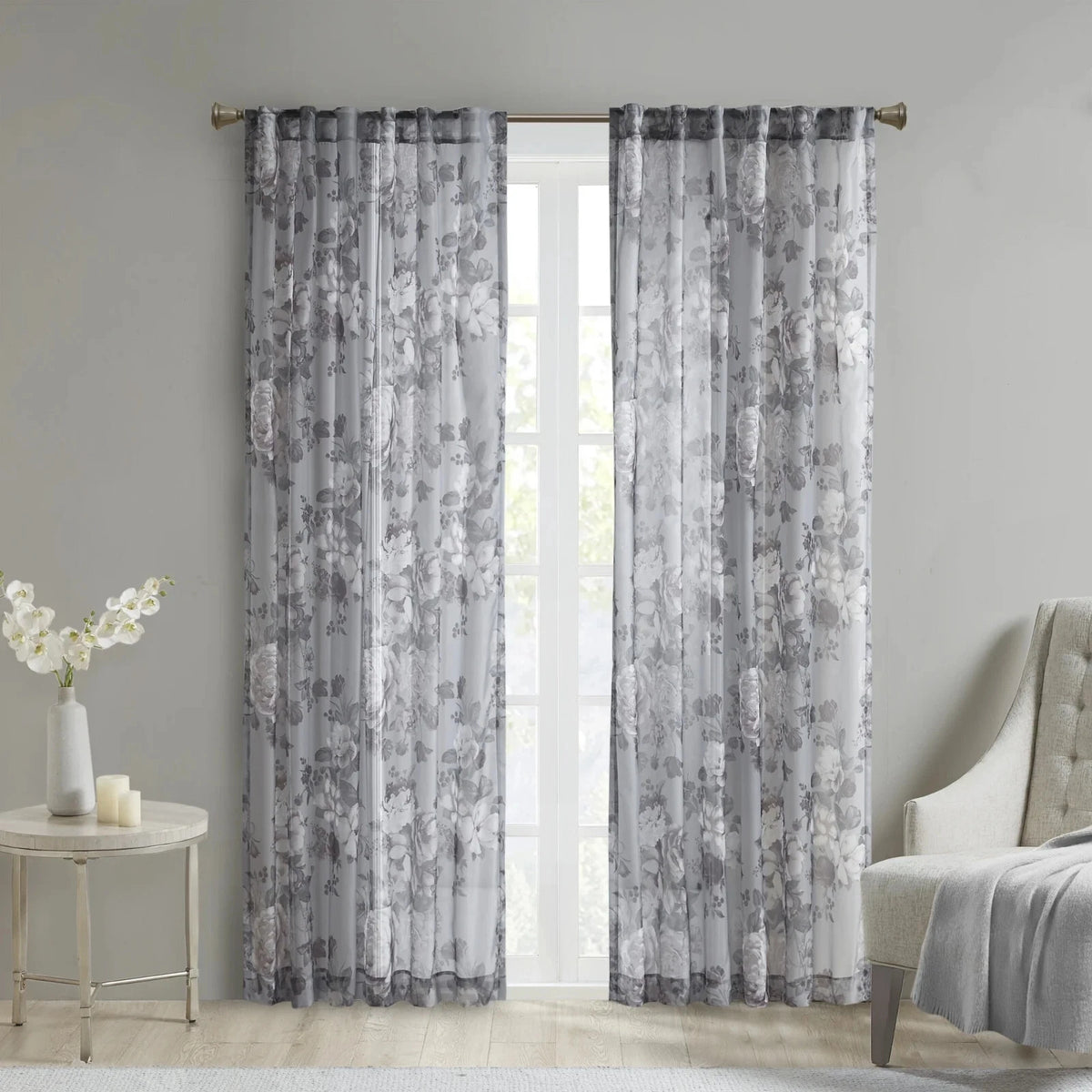 Madison Park Simone Floral Design Sheer Single Window Curtain, 50" x 95", Gray