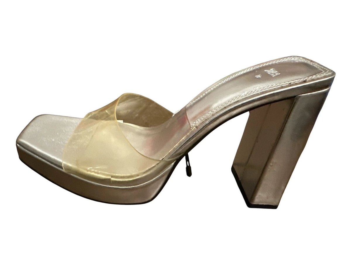 Zara Women Square Toe Heels, Silver, 39