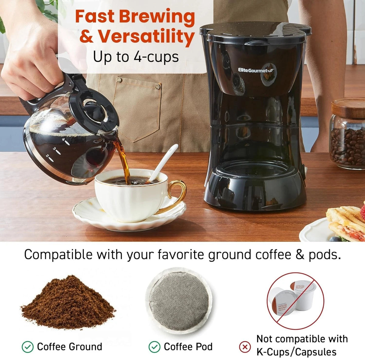 Elite Gourmet EHC4128 Automatic 4-Cup Drip Coffee Maker, Black
