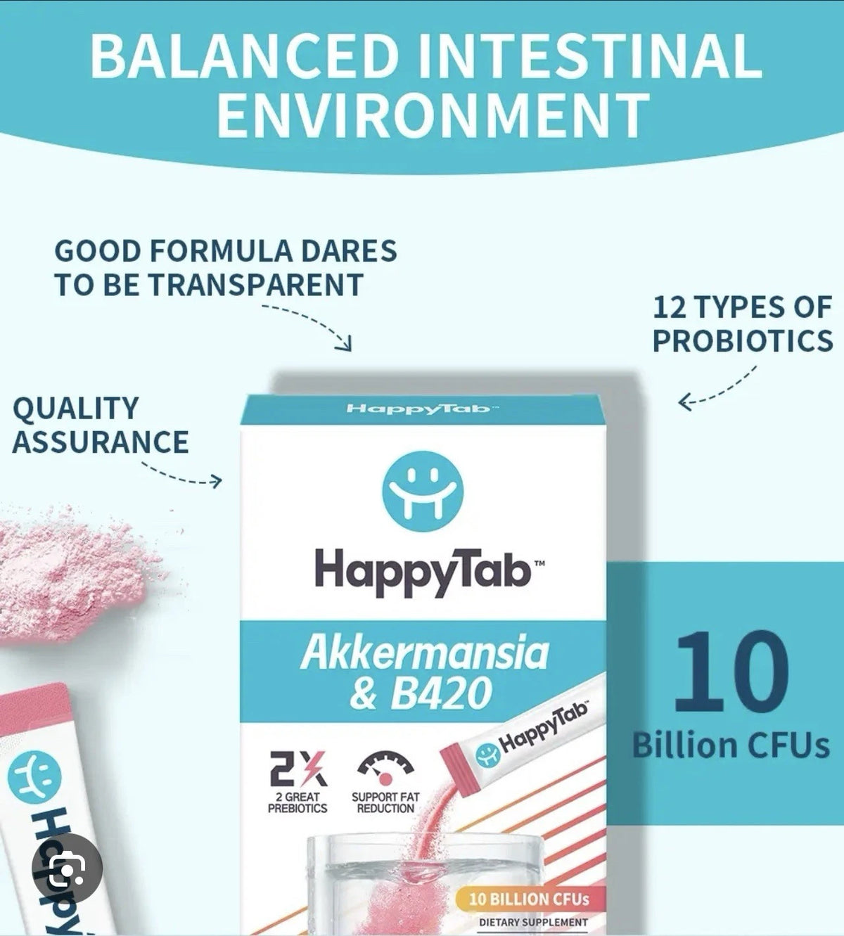 2 X HappyTab Akkermansia &amp; B420 Ready Eat Probiotic Products - 10 Billion CFUs