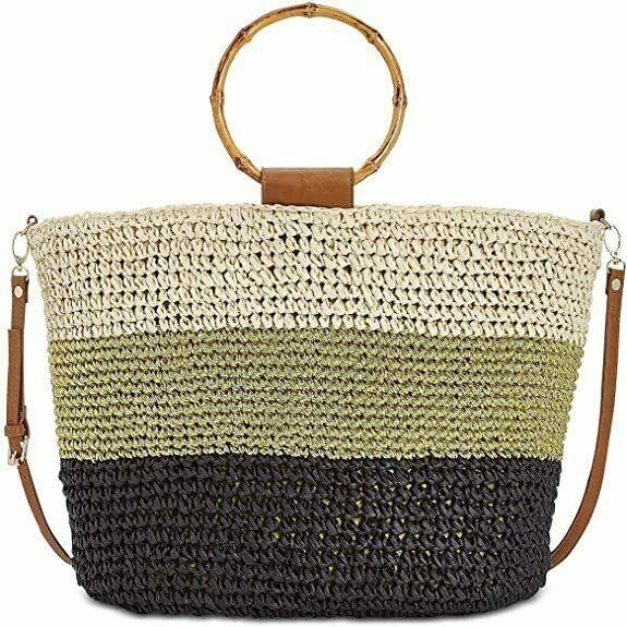 INC International Concepts Willoww Stripe Colorblock Woven Straw Tote