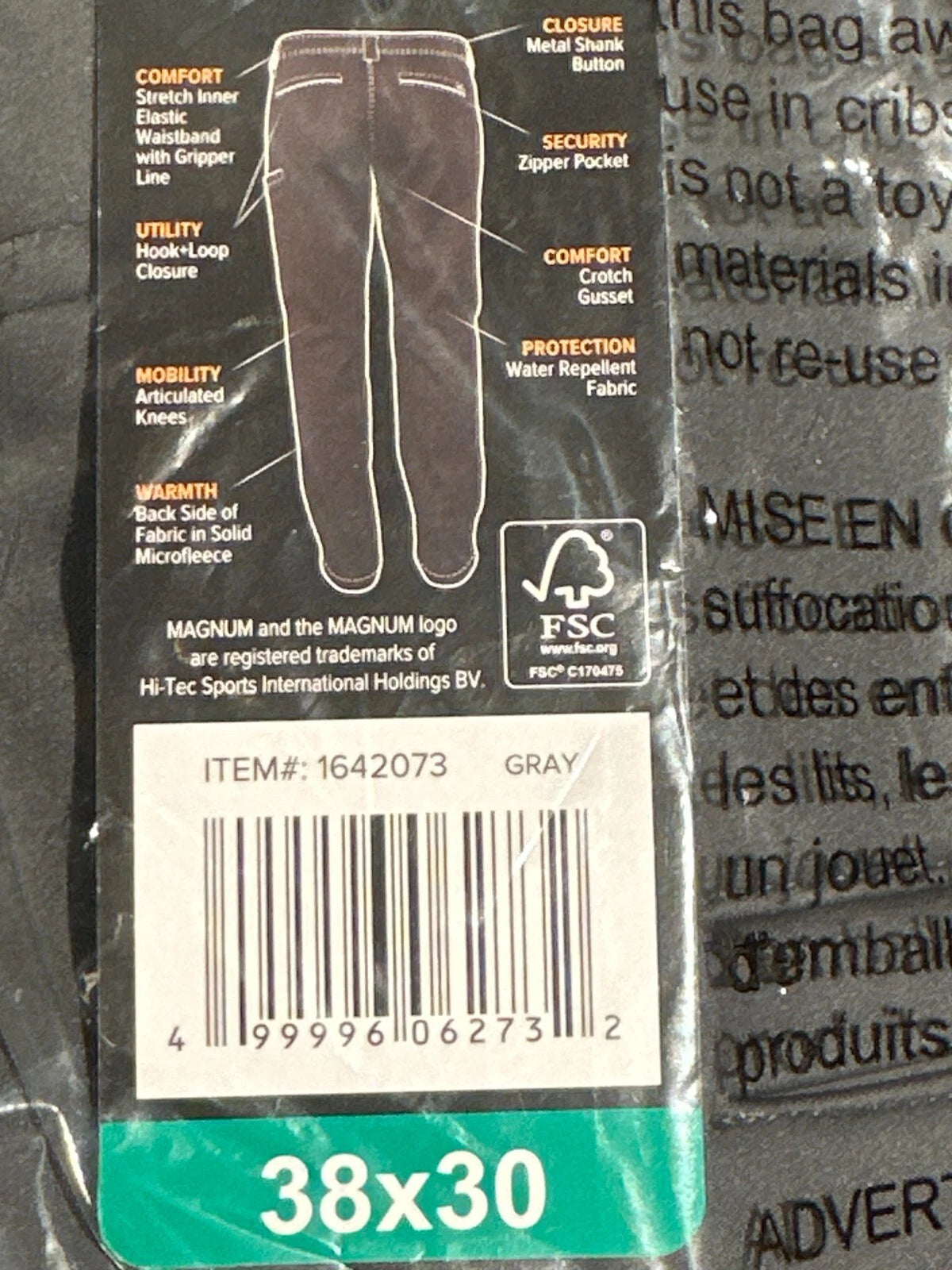 Magnum Men's Microfleece Lined Water Repellent Work Pants, GREY, 38 X 30