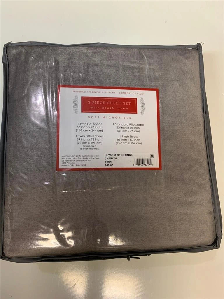 Tradition Collection Three Piece Sheet Set With Plush Throw, Queen, Charcoal